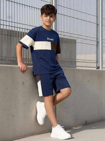SHEIN Vacaura Set de 2 piezas de camiseta y pantalones cortos con bloques de color casual para niños adolescentes, adecuado para uso diario y actividades al aire libre en primavera/verano