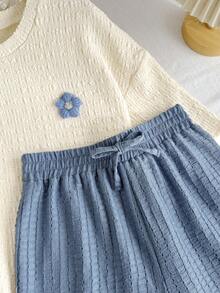 SHEIN LMoss Kinder Teenager Mädchen einfarbiges gestricktes Kurzarm Rundhals Top und weite Shorts Lässig Zweiteiler - Verschiedenfarbig - Übersicht 4