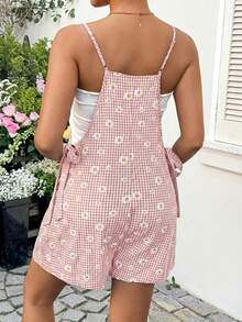 SHEIN 孕妇夏季休闲度假风雏菊格子印花侧系带连体衣 - 藕粉色 - 查看 2