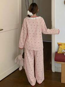DAZY 2pcs Sweet Ditsy Floral Embroidered Ruffle Collar Contrast Trim Loose Pajama Set For Women, Spring - Baby Pink - View 2