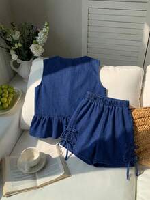 SHEIN Summer Tween Girl's Solid Washed 2 Pcs Woven Sleeveless Top With Ruffled Hem And Front Tie, With Elastic Waist Shorts Denim Two Pieces Set,Suitable For Spring And Summer Boho Vacation,Season Vintage//Beach/Sea/Elegant Graduation Outfit,Casual Women's Jumpsuit,Summer Holiday Outfits ,Spring Clothes Outfit,Beach Outfits For Women,Vacation Outfits Women,Valentine's Day Outfit,Graduation Outfit - Dark Wash - View 4
