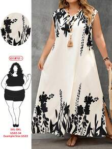 SHEIN CURVE+ Đầm nữ cỡ lớn in hoa cổ chữ V, kiểu dáng thường ngày. - Đen và trắng - Xem 2