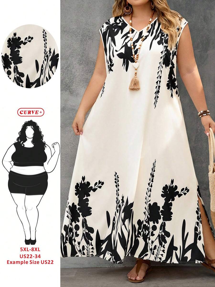 SHEIN CURVE+ Đầm nữ cỡ lớn in hoa cổ chữ V, kiểu dáng thường ngày.