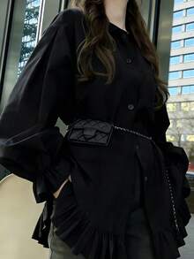 FRIFUL Áo sơ mi nữ màu trơn cổ tròn tay dài viền bèo cài một hàng khuy kiểu dáng thường ngày mùa hè - màu đen - Xem 9