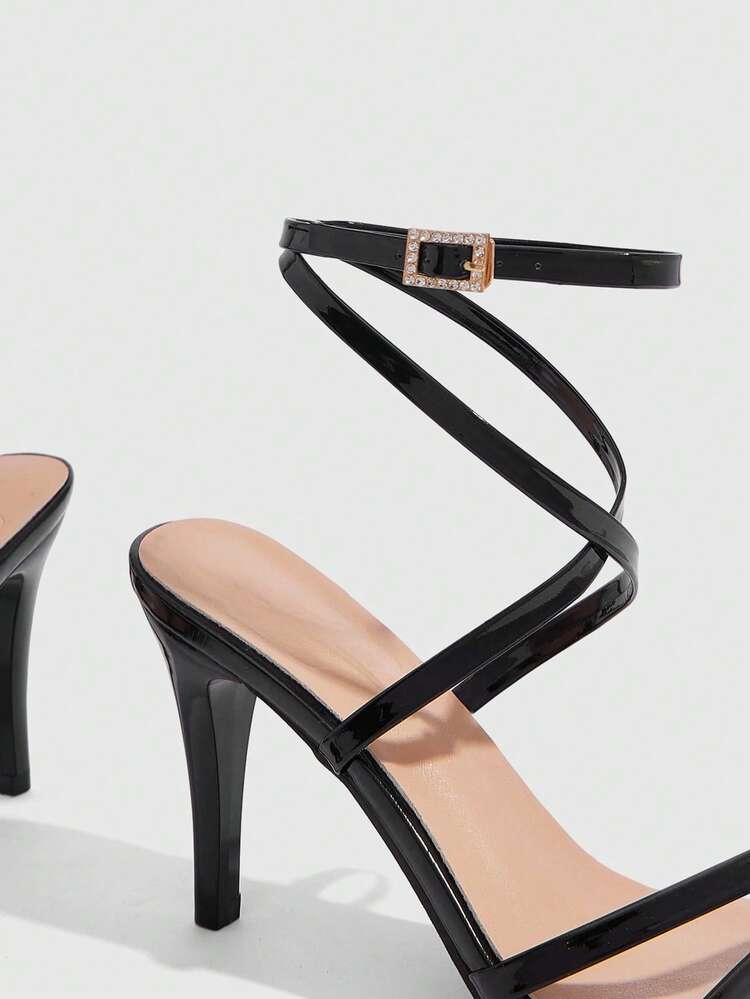 CUCCOO SZL Women Shoes Round Toe Stiletto Black Stripe With Ankle Strap Women's High Heel Sandals Fashion Elegance Sexy Party Banquet Dating Women Sandals