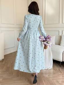 Feyla Women's Casual Ditsy Floral Dress For Vacation Elegant Light Blue Print Fitted Waist Maxi Women, Perfect All Seasons, Ideal Vacations. - Blue - View 3