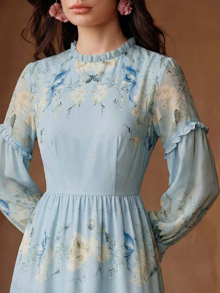 Women's Petal Sleeve Fitted Round Neck Floral Print Dress, Casual Resort Style For Spring/Summer