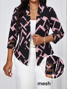 SHEIN Lady Women's Black Elegant Geometric Print Blazer,Mesh Patchwork 3/4 Sleeve Knitted Jacket For Autumn Wedding Ninang,Business Professional Office Work Wear - Black - View 1