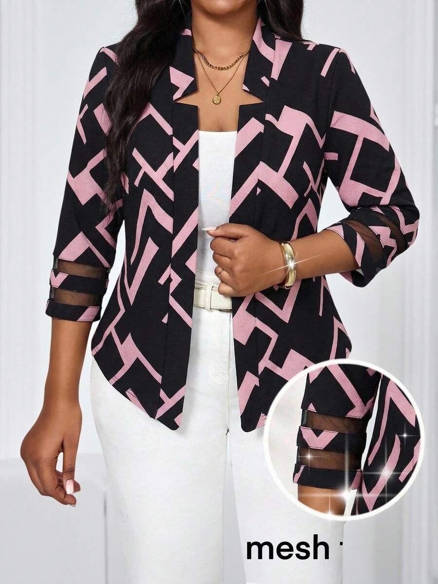 SHEIN Lady Women's Black Elegant Geometric Print Blazer,Mesh Patchwork 3/4 Sleeve Knitted Jacket For Autumn Wedding Ninang,Business Professional Office Work Wear - Black - View 1