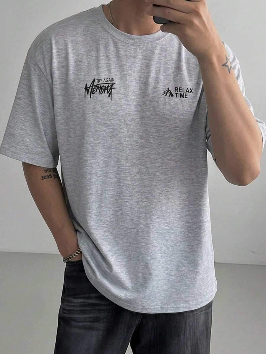 DAZY Men's Grey Letter Print Short Sleeve T-Shirt, Summer - Grey - View 1