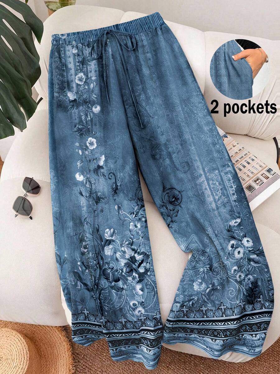 SHEIN Cosyjoi Quần ống rộng cỡ lớn in hoa, kiểu dáng thường ngày, có dây rút ở eo. - Màu xanh lam - Xem 1