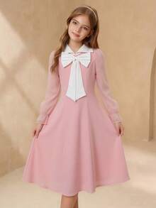 Elladie kids Đầm hè thời trang thanh lịch kiểu quý tộc dành cho bé gái tuổi teen, điểm nhấn là nơ 3D, phối 2 chất liệu chiffon, tay dài, thắt eo, phù hợp mặc hàng ngày, dự tiệc và biểu diễn. - Hồng - Xem 3