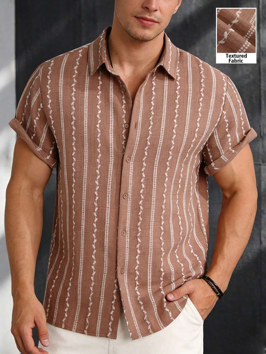 Manfinity RSRT Áo sơ mi nam bằng vải lanh mỏng nhẹ với họa tiết thêu, thích hợp cho mùa xuân/hè. - Màu Khaki - Xem 1