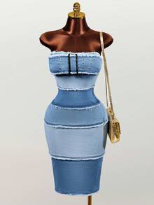 Mistrie Vestido de mezclilla con abertura alta extra larga para mujer - Azul - Ver 5