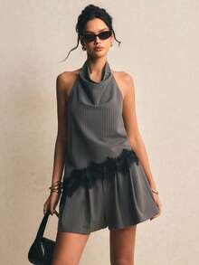 Poéselle Bộ đồ 2 mảnh thanh lịch dành cho nữ, gồm áo hai dây hở lưng và quần short, phối ren và sọc, thích hợp cho mùa hè. - Xám - Xem 6