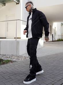 Artur Kramer 男士简约日常长袖夹克，适合秋季，垃圾摇滚风格 - 黑色 - 查看 6