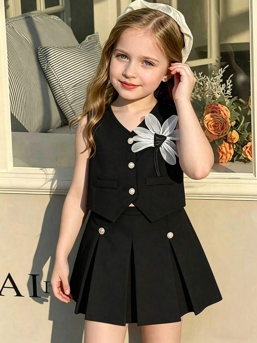 Souflis Souflis 女童甜美无袖珍珠纽扣背心+蝴蝶结百褶裙两件套，优雅休闲夏季套装 - 黑色 - 查看 1