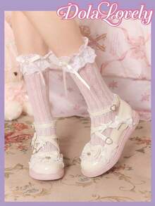 Dola Lovely Women Shoes Beige Round Toe Wedge Heel Thick Bottom Mary Jane Sweet Cute Rabbit Ears Decoration, Lolita Wear JK Wear, Birthday Party Wear - Beige bow - View 4