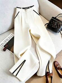 Franclia Women Summer Wide-Leg Trousers,White Black Color-Blocked Panels,Elegant Winter Office Casual Commuting Wear,French Stylish Striped Trim Zipper Pants - Apricot - View 1