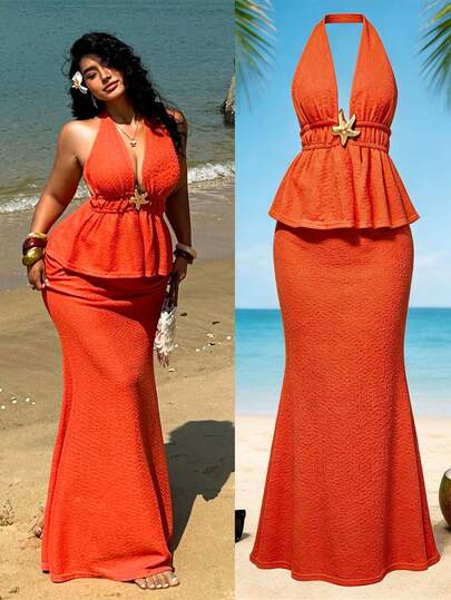 Sunnyshic Bộ đồ du lịch cỡ lớn mùa xuân/hè nhẹ nhàng họa tiết sao biển gồm áo hai dây và chân váy, thích hợp mặc đi nghỉ mát.