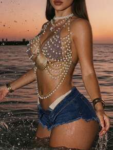 Swim SXY Sexy Backless Halter Metal Chain Pearl Shell Decor Crop Top For Women - Gold - View 6