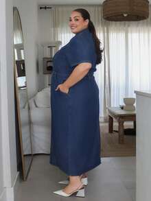 Pretty and Ole Dark Wash Short Sleeve Fitted Maxi Denim Dress, Summer Denim Clothing - Dark Wash - View 6