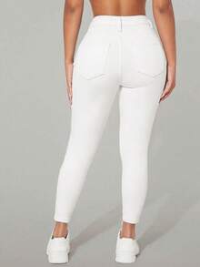 SHEIN PETITE Women's Fashion Pocketed Button Zipper Denim Jeans, Versatile Daily Wear - White - View 2