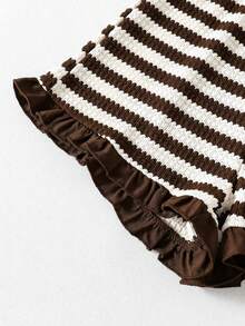 SHEIN 2pcs/Set Tween Girls T-Shirt Set,Brown And White Striped Knit Cute Bow Decor Ruffle Hem Top&Loose Shorts,Summer School Outing Clothes For Party,Daily - Coffee Brown - View 5