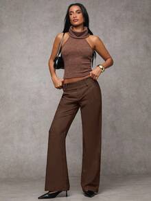 SHEIN PETITE CURVE Plus Size Solid Color Flare Pants, Suitable For Commuting - Coffee Brown - View 7
