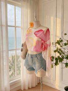 SHEIN EZwear Áo sơ mi lửng cỡ lớn in hoa mùa hè, vai bất đối xứng - Nhiều màu - Xem 3