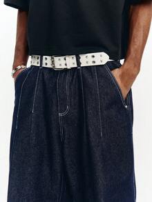 PAVTROS Jeans de pierna ancha y ajuste holgado con lavado vintage para hombre, estilo casual americano - Azul lavado oscuro - Ver 5