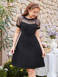 Girlism Vestido casual de unicolor para adolescentes, de punto combinado con malla transparente - Negro - Ver 5