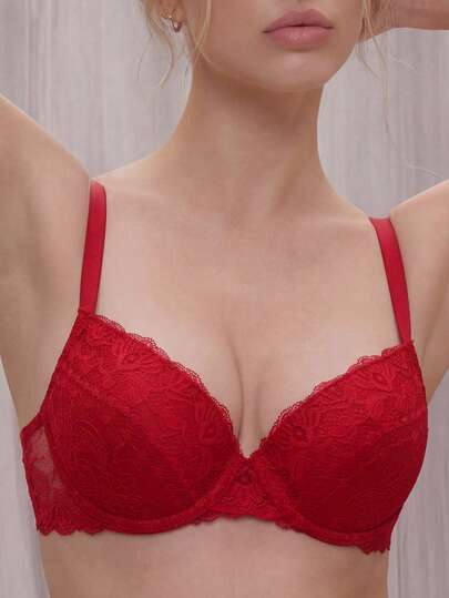 Bralution 1 件女士蕾丝加厚钢圈文胸，宽肩带，提升和支撑小胸围