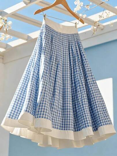 Franclia Falda acampanada de talle alto a cuadros azules y blancos