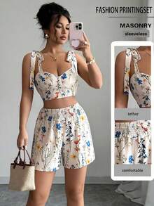 Selianne 女士优雅印花两件套，适合夏季度假 - 杏色 - 查看 3