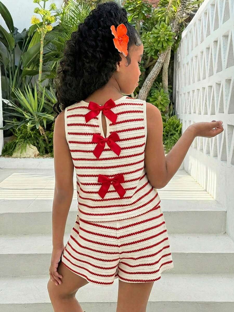 Tween Girl Red And White Summer Funny Tropical Vacation Holiday Knit Basic Sleeveless Top With Bow Decor & Shorts 2-Piece Set,Girls Two Piece Outfits - Red and White - View 1