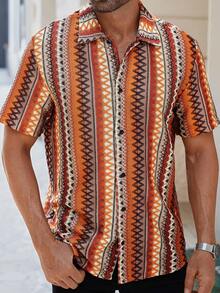 ResortEase Plus Size Men's Burnt Orange Striped Geometric Pattern Short Sleeve Button Up Shirt,Boho Vintage Print Casual Loose Summer Holiday Beach Shirt - Multicolor - View 5