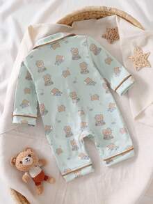 SHEIN Vintaside Kids Newborn Footed Pajamas, Cartoon Dinosaur Print Pattern With Drawstring Trim, Soft And Comfortable Fabric - Green - View 2