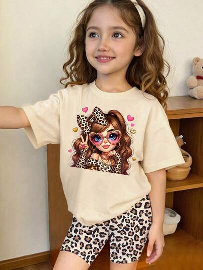 春夏女童休闲时尚豹纹蝴蝶结双马尾印花短袖T恤和骑行短裤两件套，舒适日常穿搭