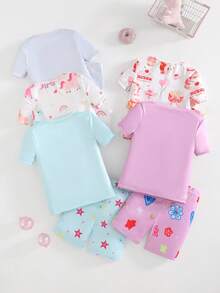 SHEIN 2 Sets/Pack Baby Girls Unicorn Cartoon Print Short Sleeve Shorts Knit Snug Fit Pajamas Sets - Multicolor - View 2