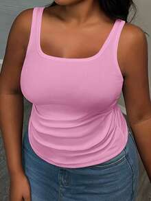 Slaydiva 女士加大码基本款深V领无袖修身罗纹侧边褶皱吊带背心，白色半透明 - 粉色 - 查看 2