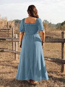 Ceyna 大码纯色休闲简约纹理薄纱荷叶边连衣裙 - 藍色 - 查看 2