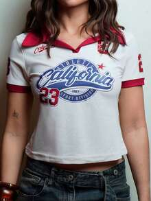 女士休闲字母印花短袖上衣，夏季 - 杏色 - 查看 6