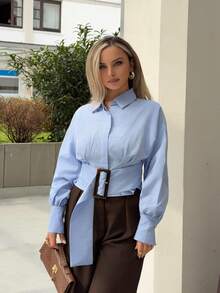 Jeta Ari Commute Design Pleated Waist Slimming Exaggerated Day Buckle Short French Puff Sleeve Contrast Stripe Blouse Button Up Shirt Women  Fall Cloth For Women - Multicolor - View 1
