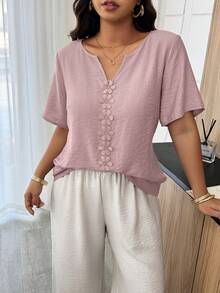 Weeklong 大码女式春夏度假风花卉拼接荷叶边宽松短袖上衣 - 藕粉色 - 查看 4