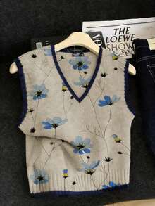 SHEIN LUNE 春夏新品：简约休闲舒适，居家休闲皆宜 灰色和蓝色碎花随机印花 V 领无袖大码女式针织套头衫 - 杏色 - 查看 6