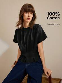 Ontre Blusa de mujer de cuello redondo, manga corta y cintura ceñida, nueva para primavera/verano 2026, estilo urbano y casual de negocios, color negro - Negro - Ver 5