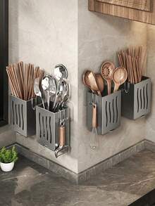 1pc Multi-Function Kitchen Chopstick Holder Organizer Wall Mounted Chopstick Drainer Rack Household Kitchen Utensil Storage Rack Home Organization Supplies Kitchen Accessories Space Saving Rustproof Stainless Steel Quick Drying Ventilated Countertop Or Wall Mount Self Adhesive Or Drilling Installation Large Capacity Multi Purpose For Spoons Forks Ladles Cooking Utensils - Grey - View 11