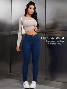 SHEIN Unity 女士休闲日常通勤简约纯色高腰紧身牛仔裤 - 深色水洗藍 - 查看 6