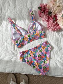 Bonvoyette 女士夏季沙滩印花休闲比基尼和三角泳裤泳装套装，Coachella Capri斑马纹比基尼套装两件套，高腰比基尼，花卉比基尼，热带沙滩装，女士夏季泳装，高腰比基尼套装，女士度假装，女士比基尼套装 - 彩色 - 查看 3